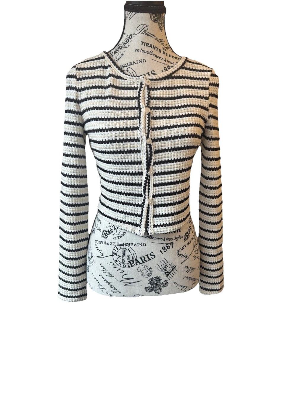 Cotton Emporium Knit Cardigan Light Weight Size Med Black Tan And White Stripes